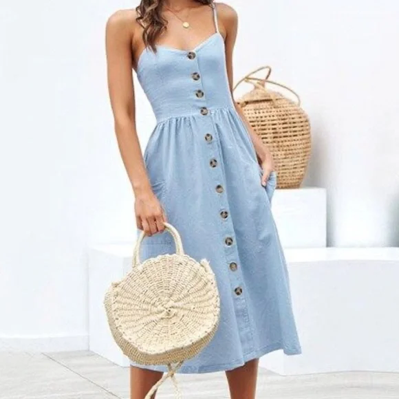 NWOT. Blue cotton summer midi dress. Not worn. Two pockets. Spaghetti straps - Picture 2 of 11
